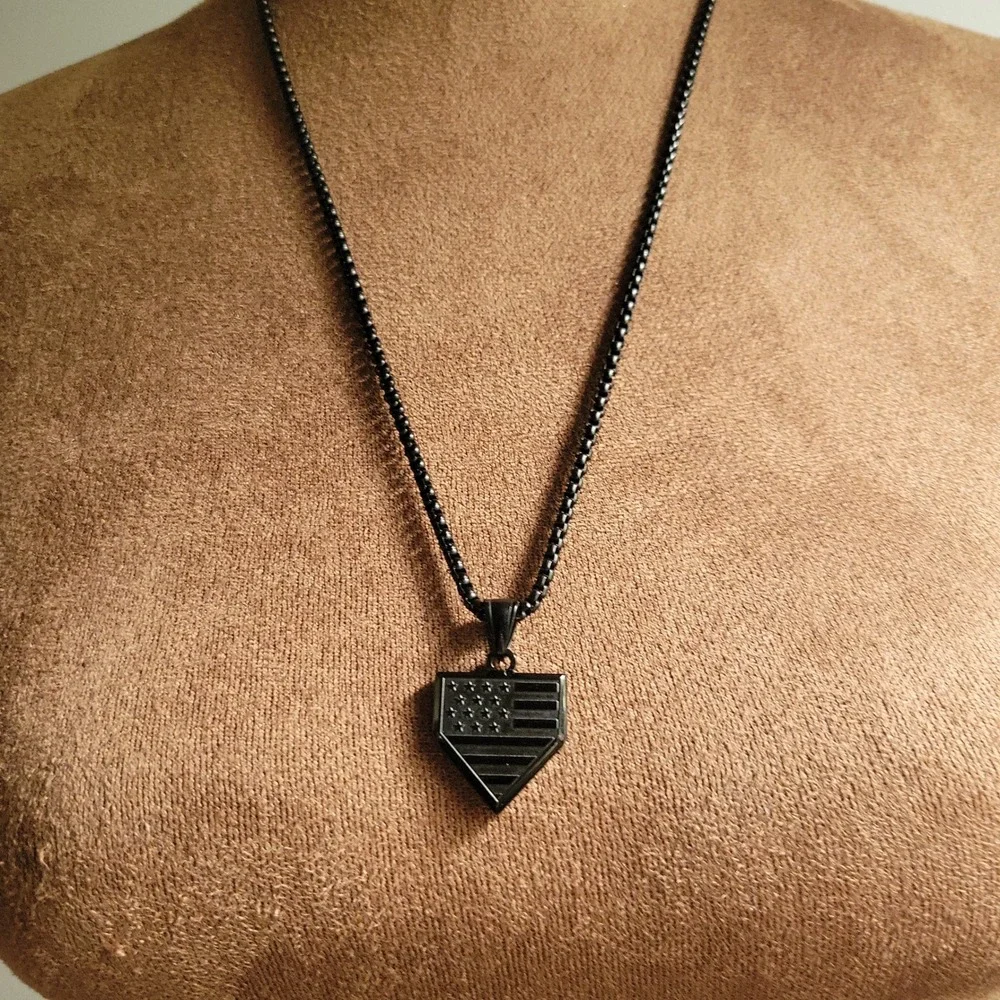 Mens Black American Flag Home Plate Lords Prayer Necklace 24 Inch Baseball